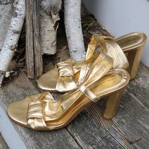 Diane von Furstenberg Gold Italy Leather Knot Open Toe Sling Back 4" Heel Sandal